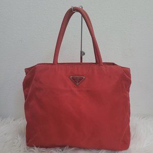 Prada red nylon triangle logo city tote bag